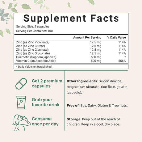 Suplementos con zinc y vitamina C 200 cápsulas inmunológico