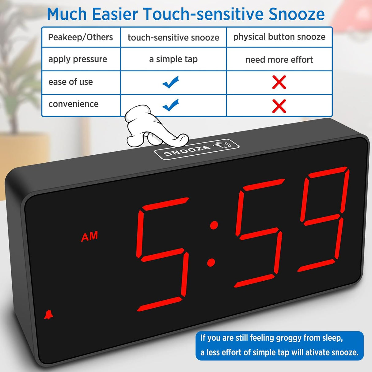 Reloj Digital con Alarma, Números Grandes, Carga USB, Modelo Peakeep