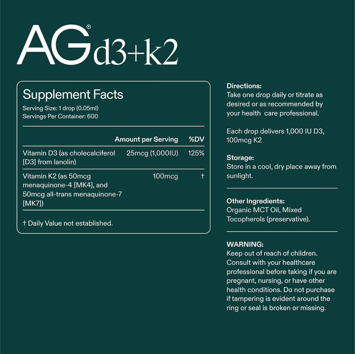 AG1 Vitamin D3 K2 gotas, 1000IU D3 y 100mcg K2, soporte óseo