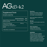 AG1 Vitamin D3 K2 gotas, 1000IU D3 y 100mcg K2, soporte óseo