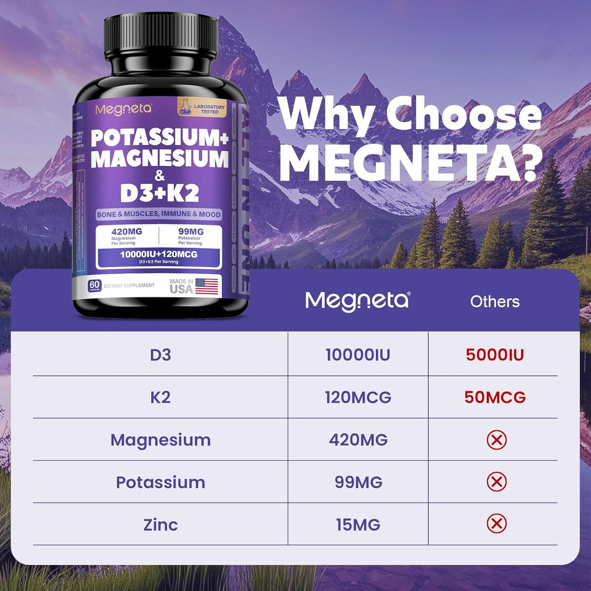 Suplemento Magnesio K2 Vitamina D3 10000IU, 60 cápsulas