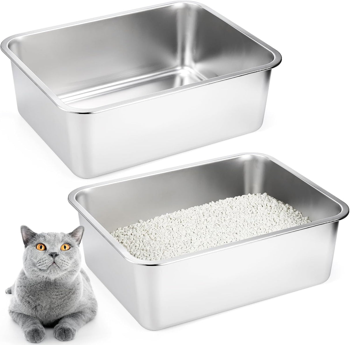 Paquete de 2 cajas de arena de acero inoxidable para gatos