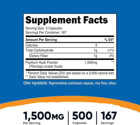 Psyllium Husk 1500mg, Nutricost, Non-GMO, Gluten Free, 500 Caps