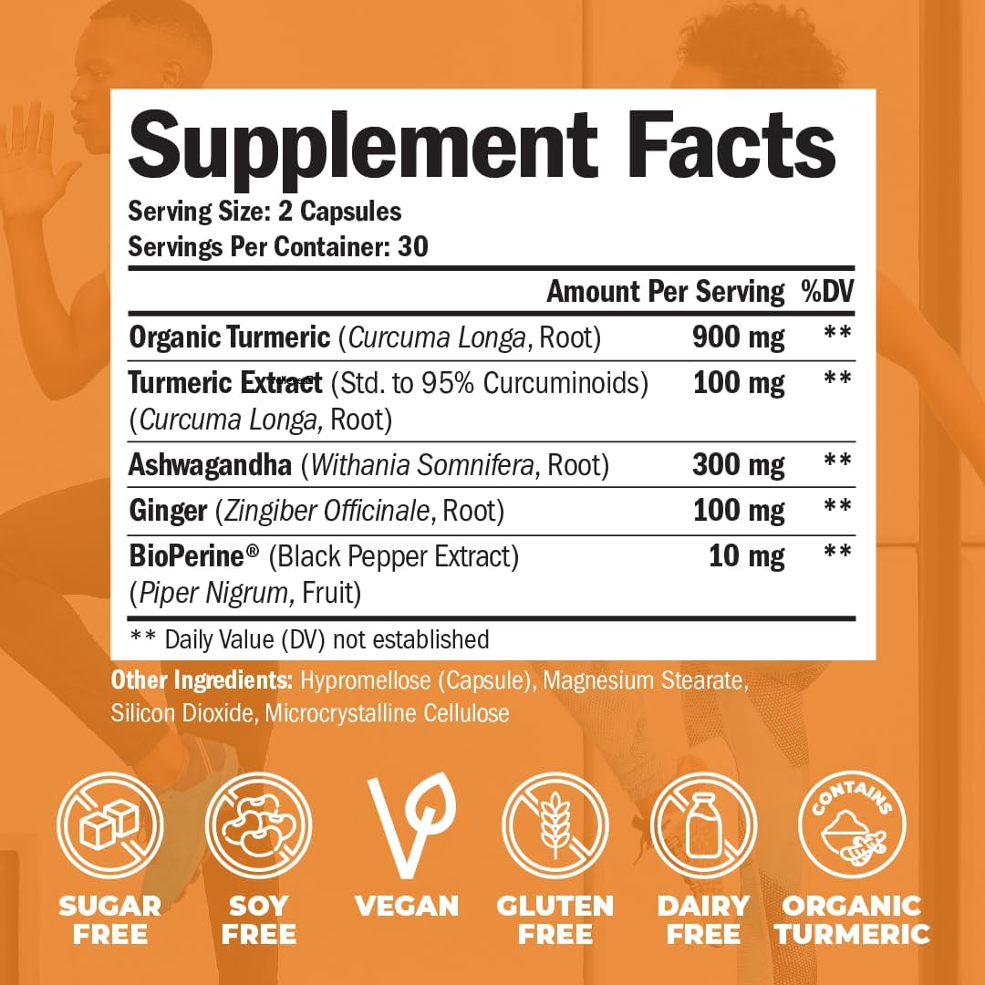 Suplemento con Curcumina, Jengibre, Ashwagandha y BioPerine