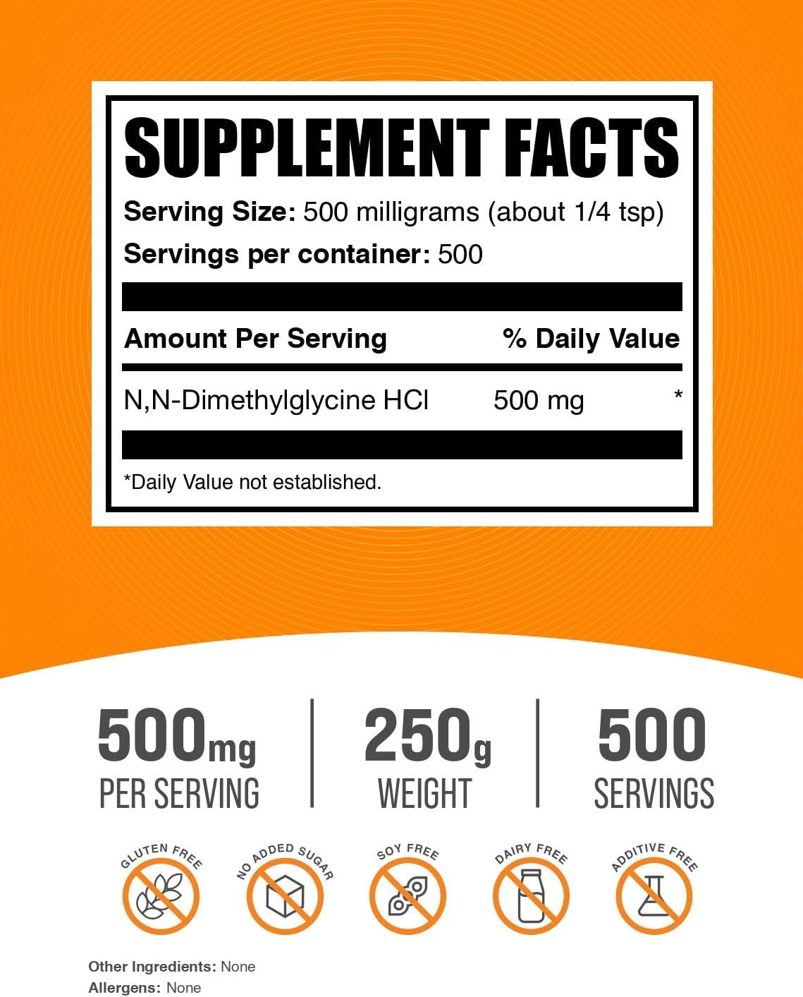 Polvo de DMG HCl BulkSupplements, 500mg, 250g