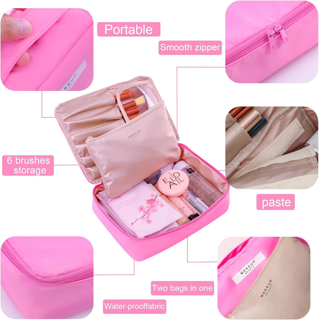 Bolsa de maquillaje de viaje fucsia Queboom