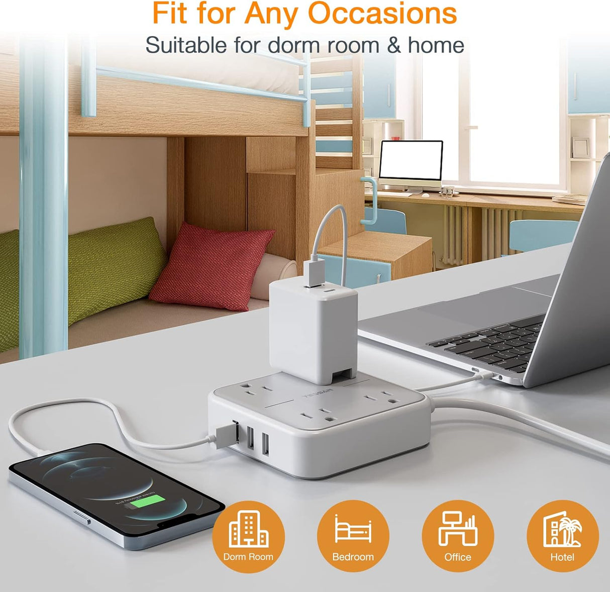 Tessan  Regleta con 3 puertos USB, cable de extensión de 5ft