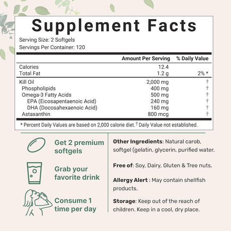 Suplemento de aceite de krill antártico 2,000 mg  240 cáp