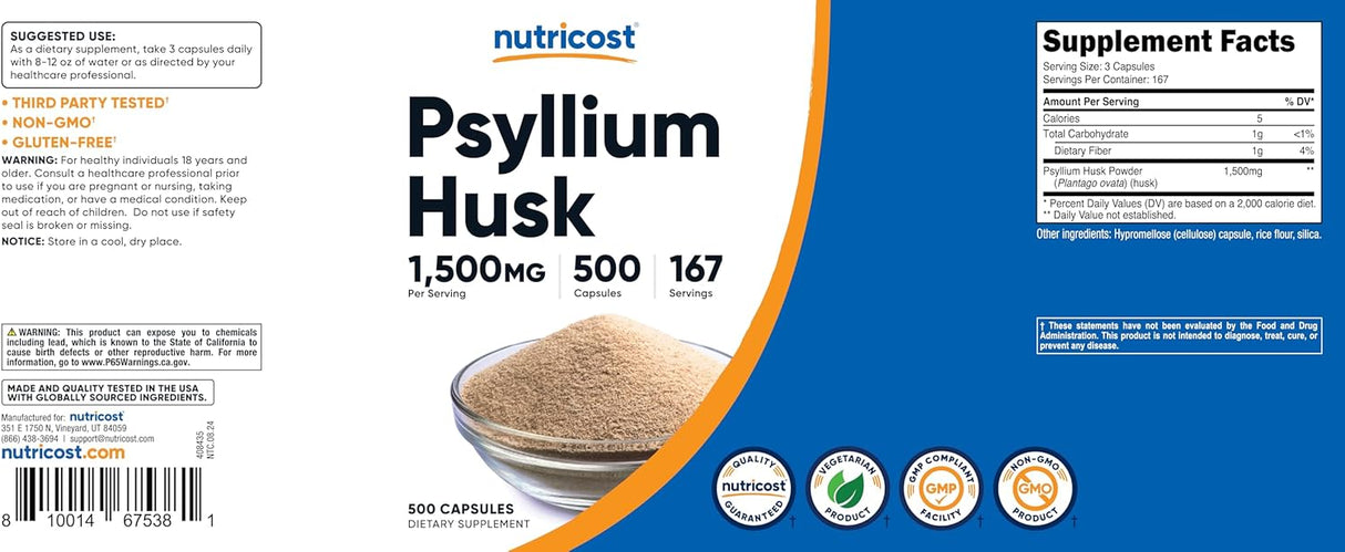 Psyllium Husk 1500mg, Nutricost, Non-GMO, Gluten Free, 500 Caps