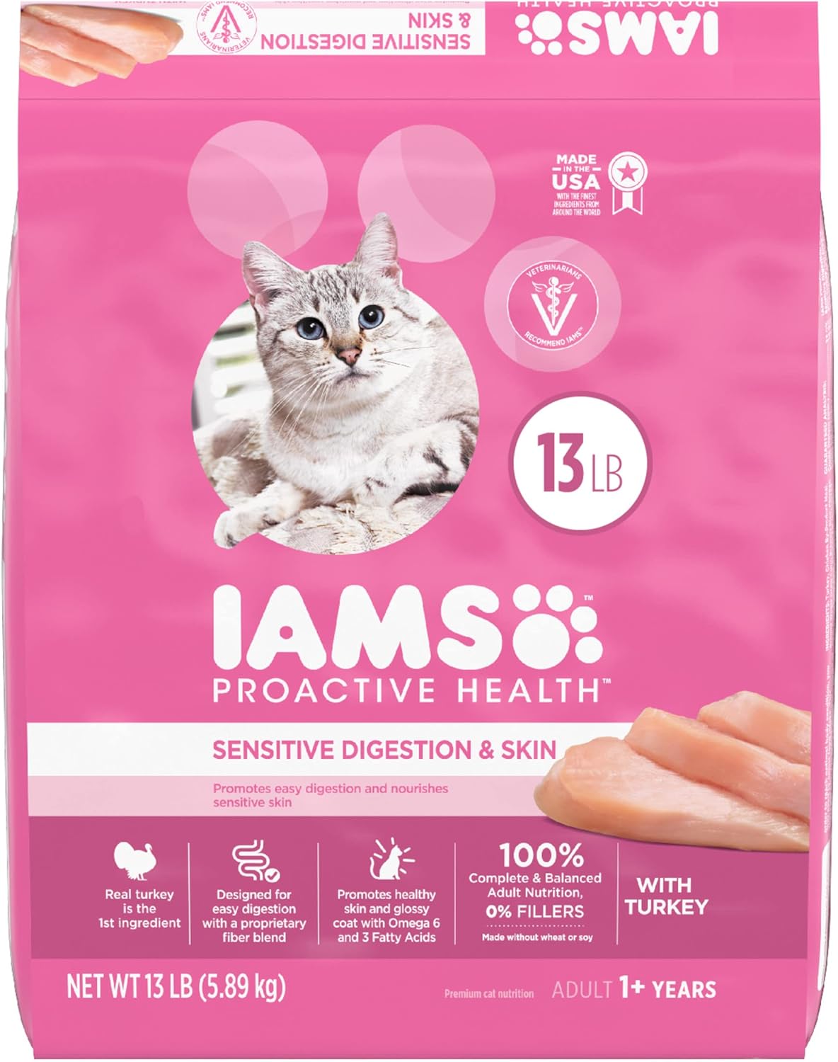 IAMS Proactive Health Adult Sensitive Digestion &amp; Skin Dry Cat Food with Turkey, 13 lb. Bag