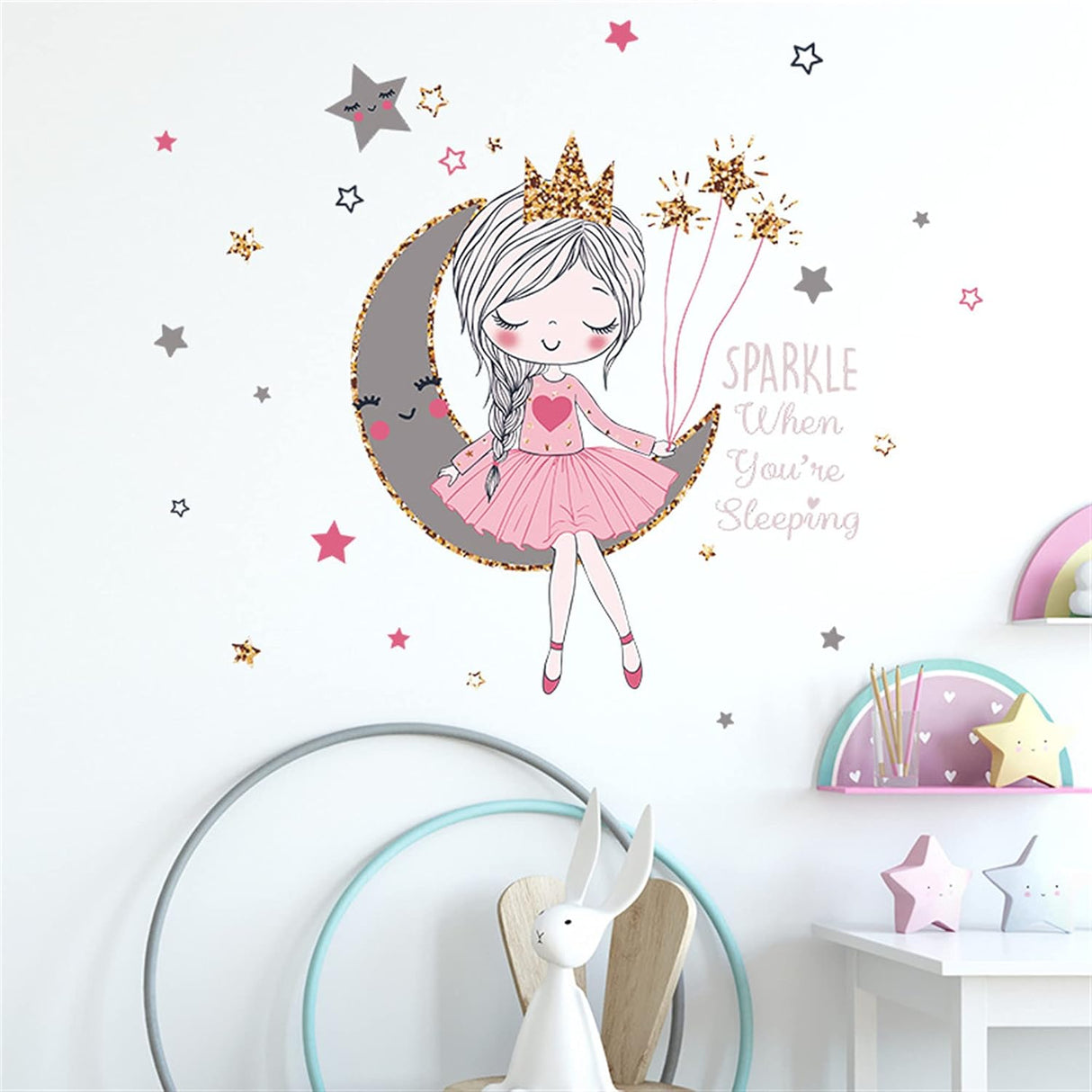 Pegatinas Murales ROFARSO para Niños, Chica en la Luna