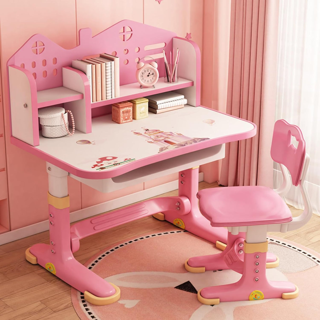 Escritorio y Silla Infantil Ajustable con Cajones y Estantería