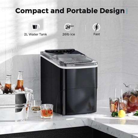 Máquina de Hielo Portátil, Función Autolimpiante, 26lbs/24h