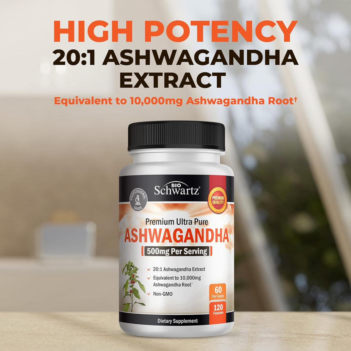 Suplementos de Ashwagandha - Extra Fuerte, 60 Cápsulas