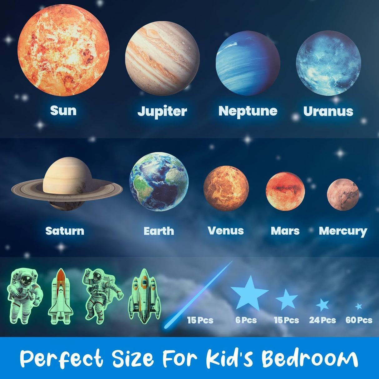 Estrellas y Planetas Brillantes, Pegatinas Espaciales para Niños