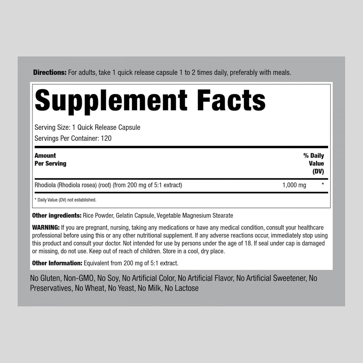 Suplemento herbal  Rhodiola Rosea Cápsulas 1000 mg  120 un