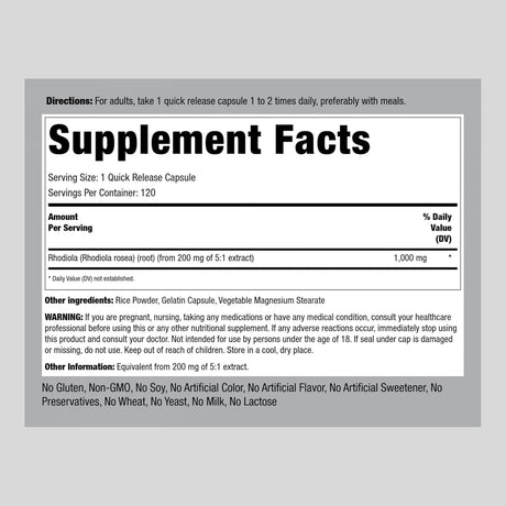 Suplemento herbal  Rhodiola Rosea Cápsulas 1000 mg  120 un
