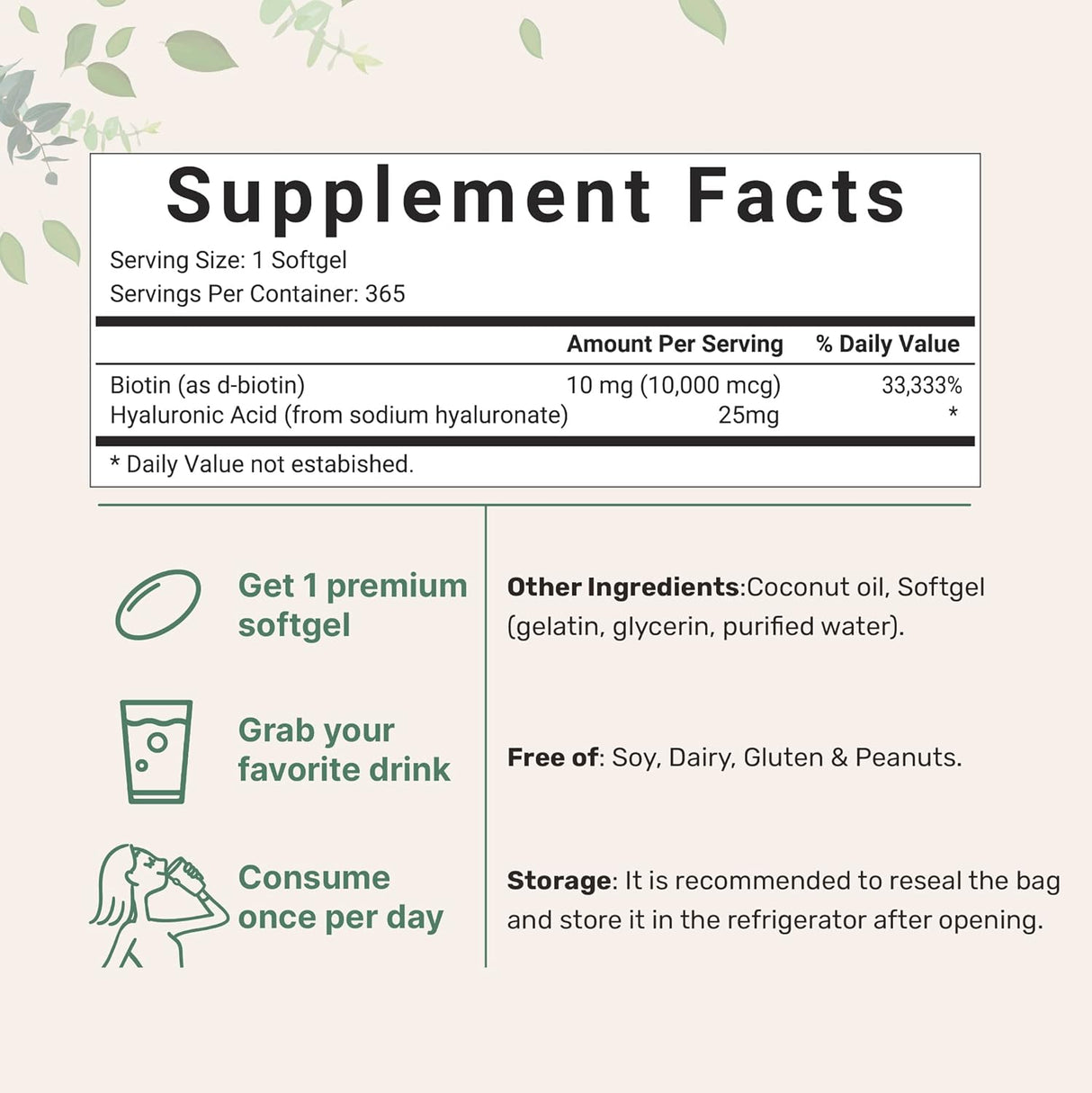 Suplemento Biotin 10,000mcg con ácido hialurónico 25mg  365u