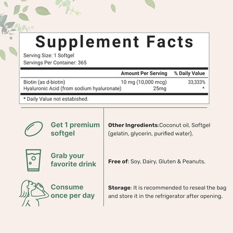 Suplemento Biotin 10,000mcg con ácido hialurónico 25mg  365u