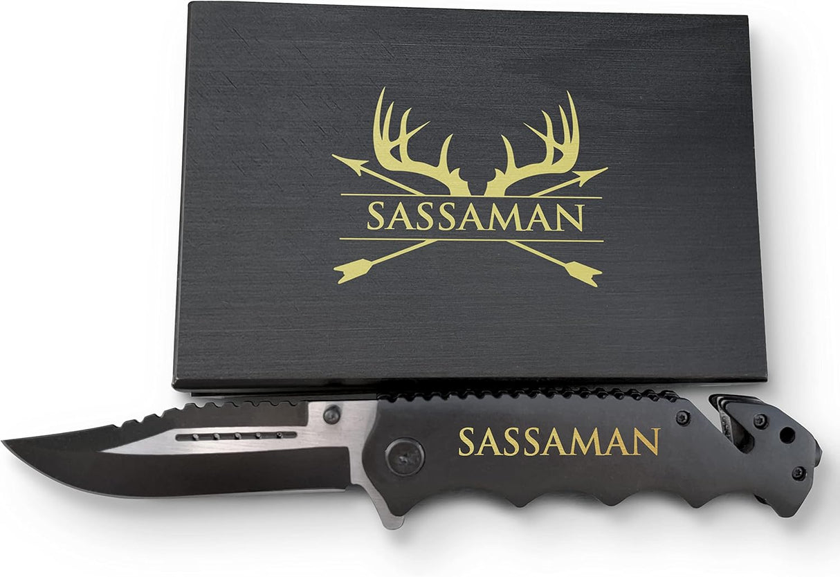 Cuchillo personalizado prémium con caja grabada, negro