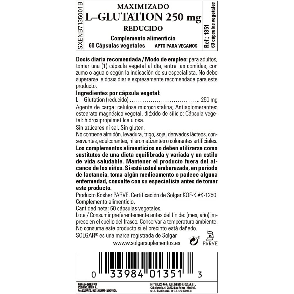 Suplemento Solgar L-glutatión reducido de 250 mg  60 cápsula