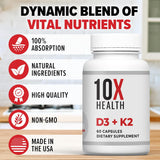 Suplemento D3 K2 10X Health - 125 mcg D3, 90 mcg K2 - 60 cápsulas