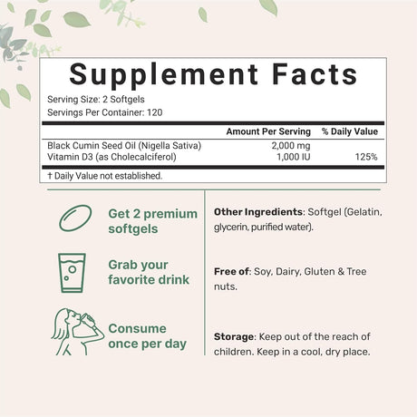 Suplemento Aceite de semilla negra de 2000 mg vitamina D3