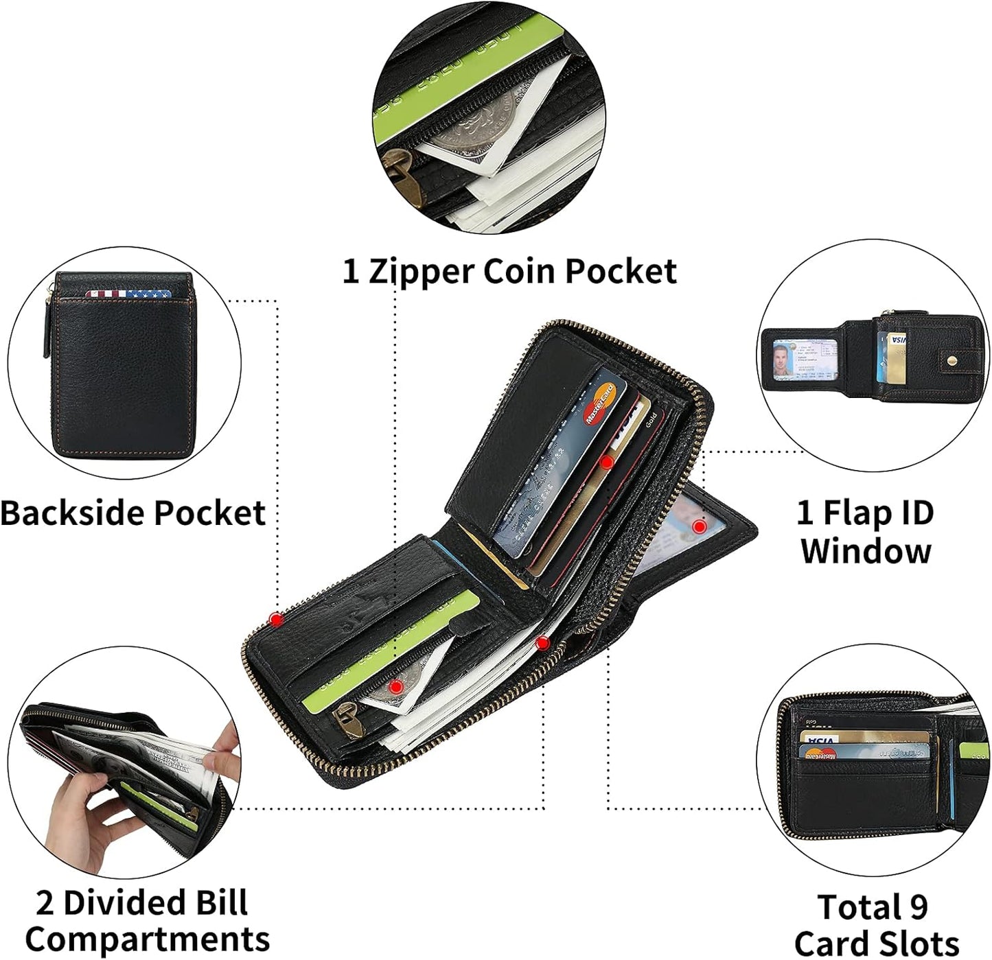 Billetera Zipper MING CLAN con RFID, Bifold, Gran Capacidad