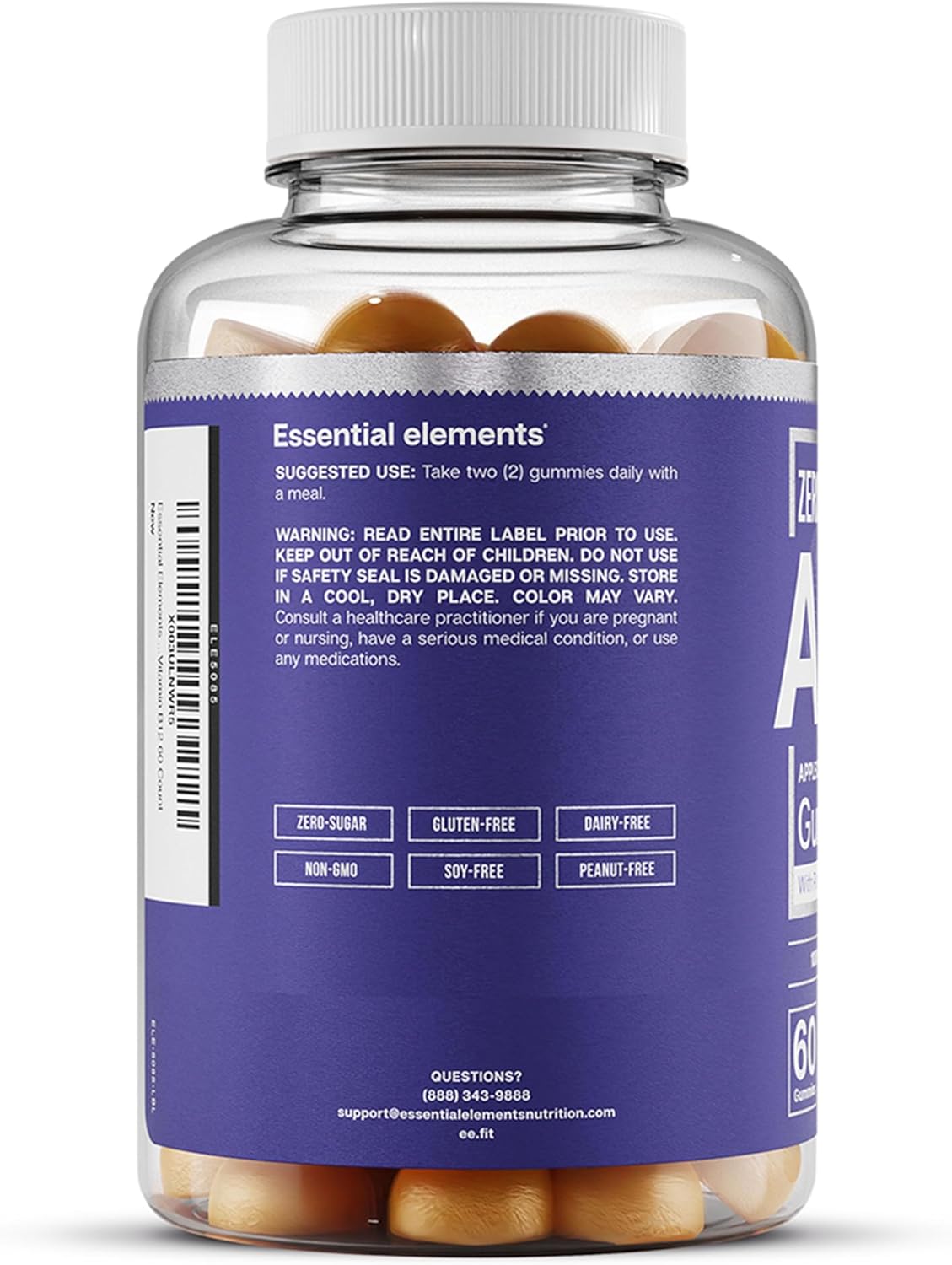 Essential Elements Gomitas de vinagre de sidra de manzana ACV sin azúcar de &#34;The Mother&#34; - Gomitas veganas ACV de origen natural con ácido fólico y vitamina B12, 60 unidades