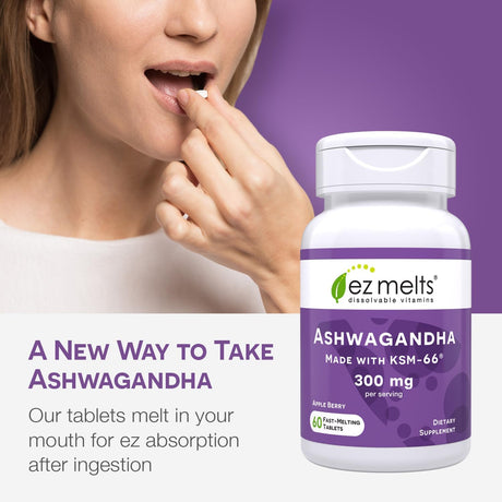 EZ Melts KSM-66 Ashwagandha, 300 mg, Sin Azúcar, 30 días