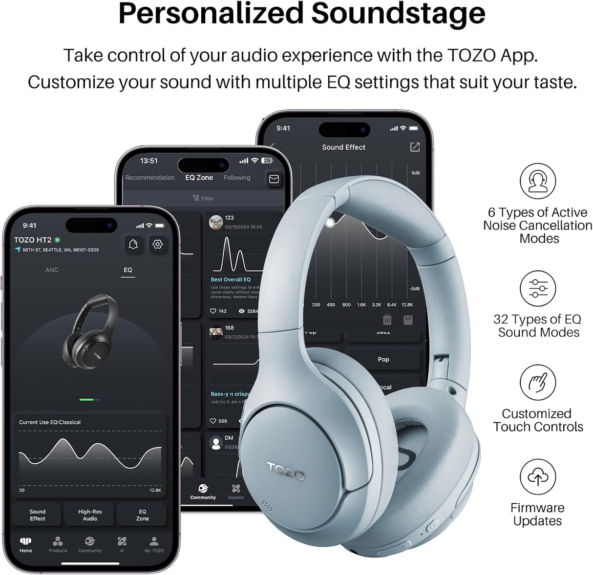 Auriculares TOZO HT2, Bluetooth, 60H batería, cancelación ruido