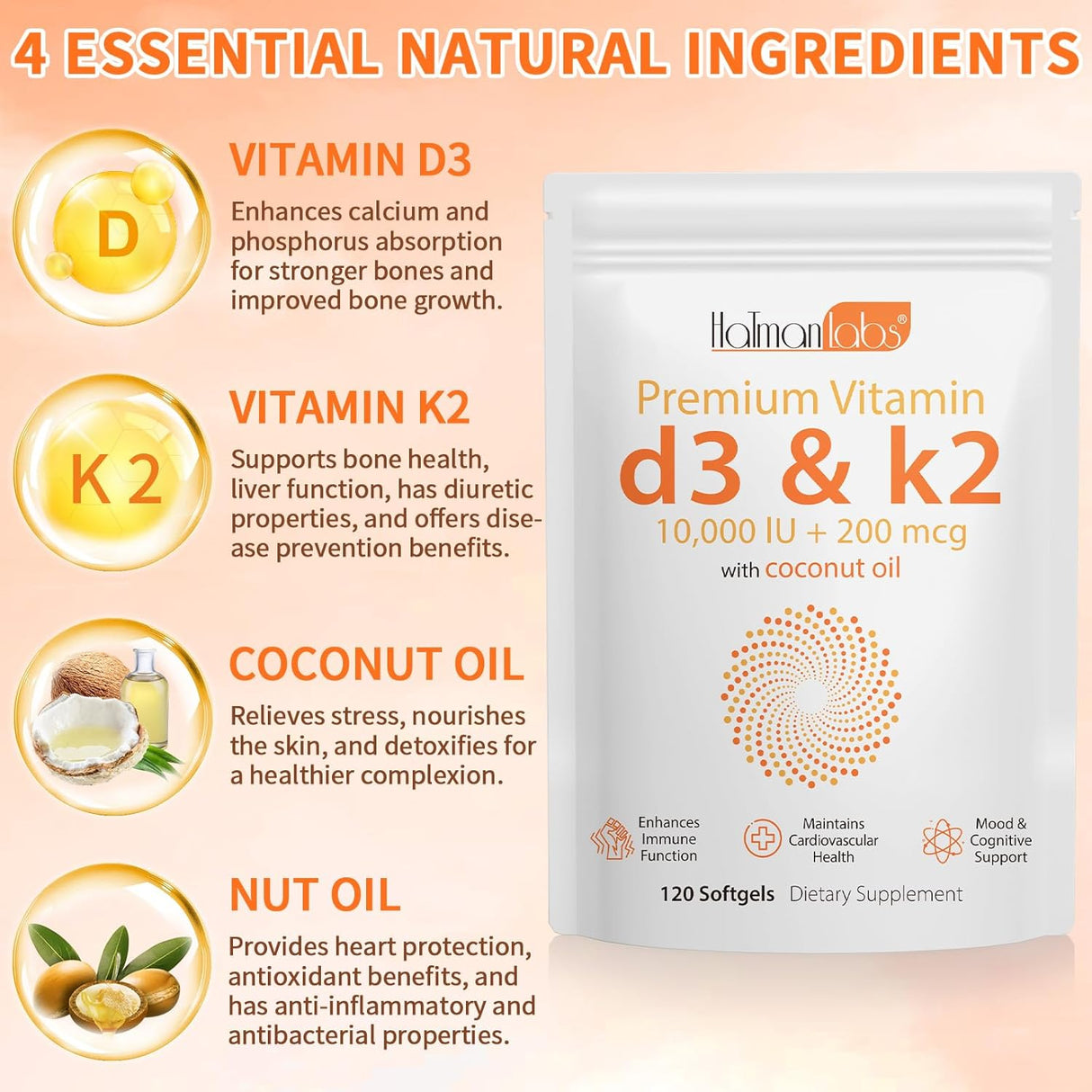 Suplemento de Vitamina D3 K2, 10000 IU, Salud Ósea y Inmunidad