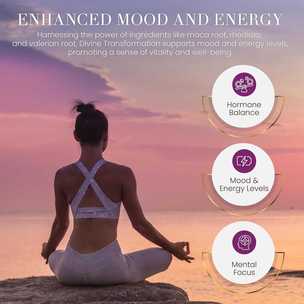 Suplemento de equilibrio hormonal con Black Cohosh, Maca y Basil para menopausia