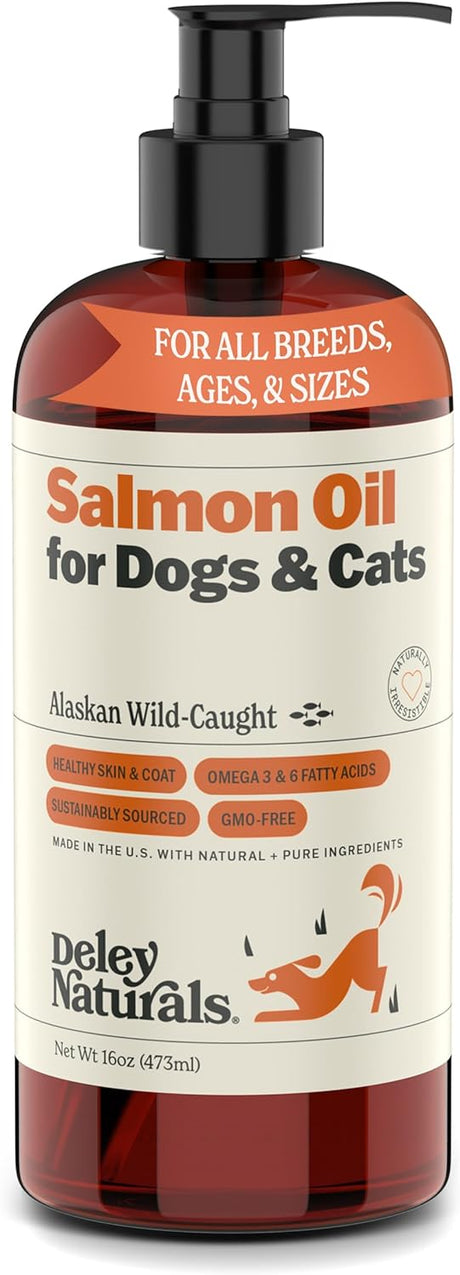 Deley Naturals Aceite de salmón capturado en la naturaleza de Alaska prémium para perros y gatos, suplemento de aceite de pescado rico en omega-3 para una piel, pelaje y articulaciones saludables, totalmente natural, de origen sostenible, 16 onzas