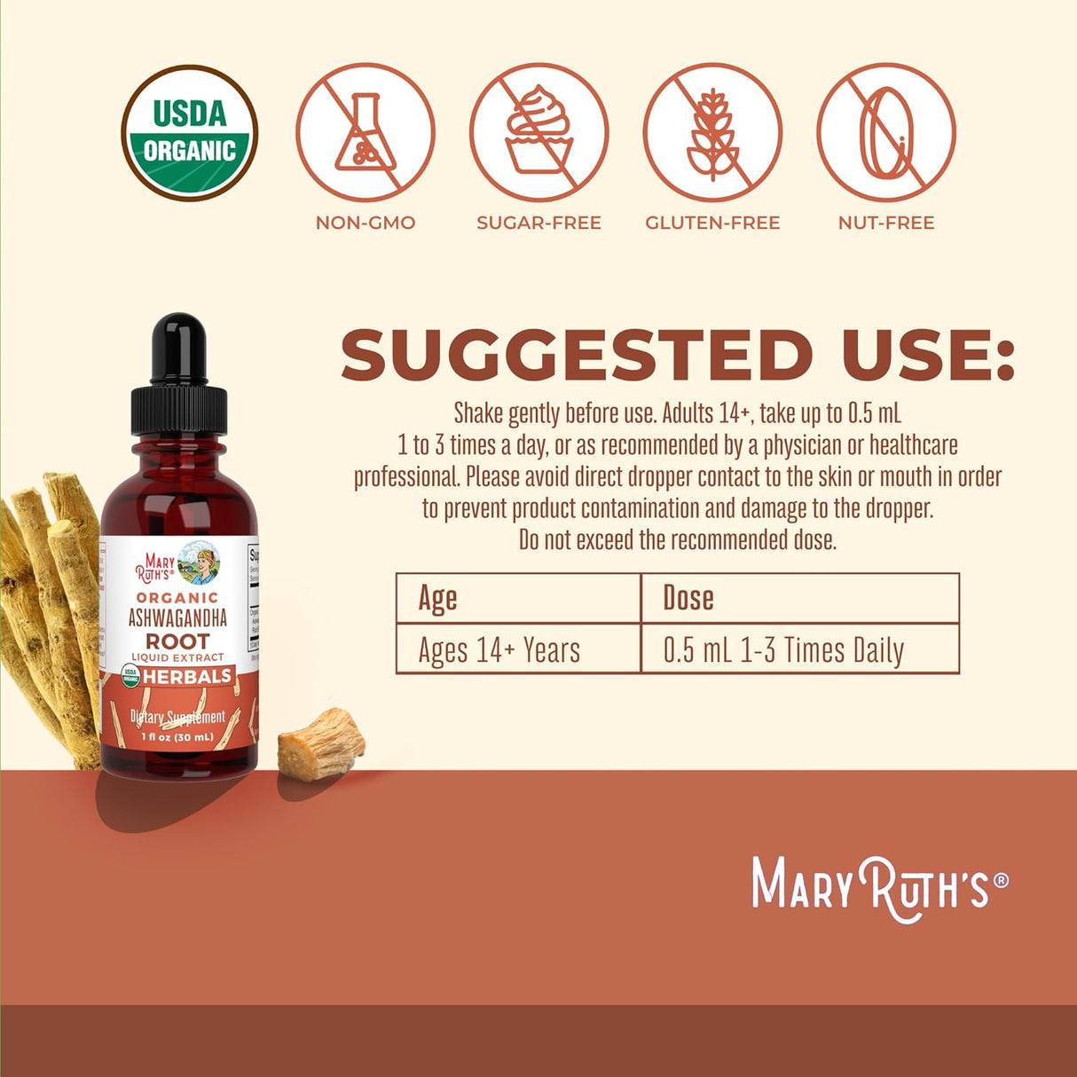 Gotas de Ashwagandha Orgánica MaryRuth, 60 Servings Adaptógeno