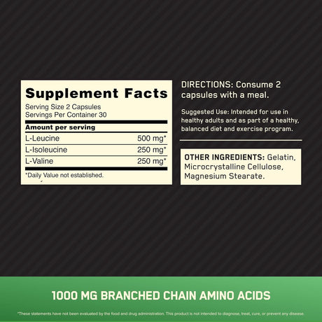 BCAA Instantáneo Optimum Nutrition 1000mg, 60 Cápsulas