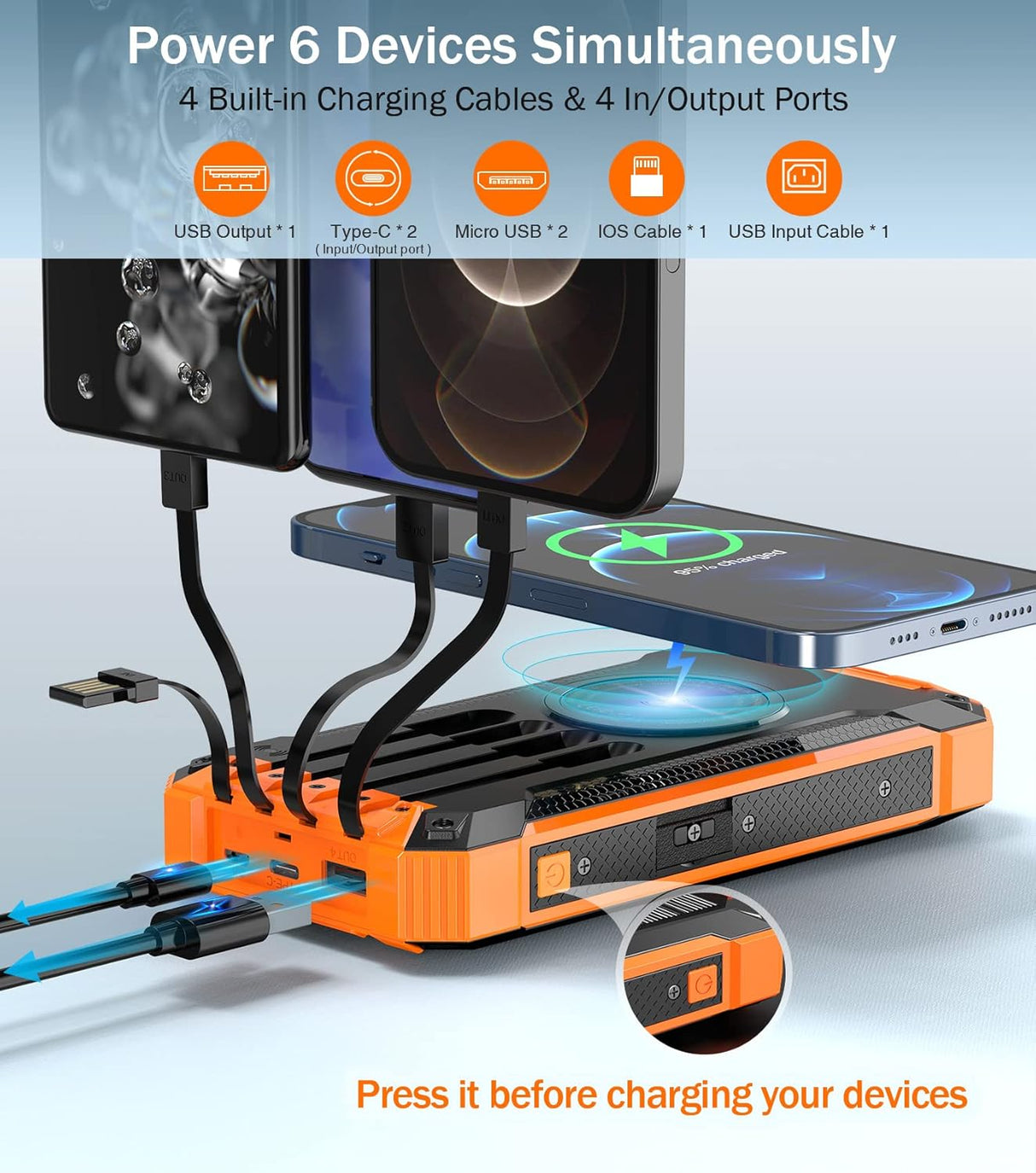 Cargador de energía solar de 36000 mAh integrado 4 cables