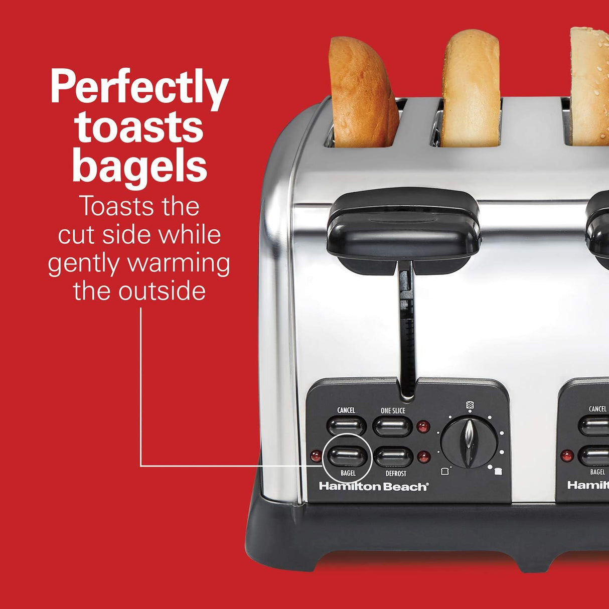 Hamilton Beach 24782 Tostadora retro con ranuras anchas, tecnología Sure-Toast, ajustes de bagel y descongelación, impulso automático para levantar panes más pequeños, 4 rebanadas, acero inoxidable