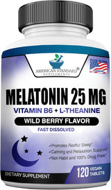 Melatonina 25mg Vegan, 120 Tabletas, L-Theanina, B-6, USA