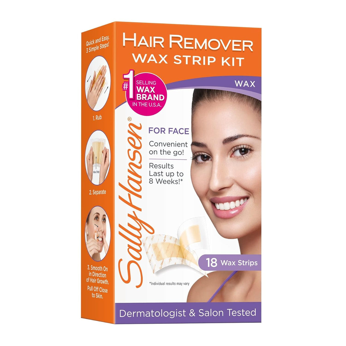 Cera depilatoria para el rostro, Sally Hansen, 18 tiras, kit