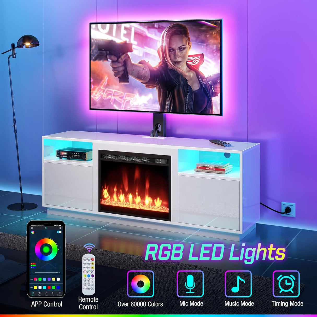 Soporte para TV Rolanstar con chimenea eléctrica y luces LED