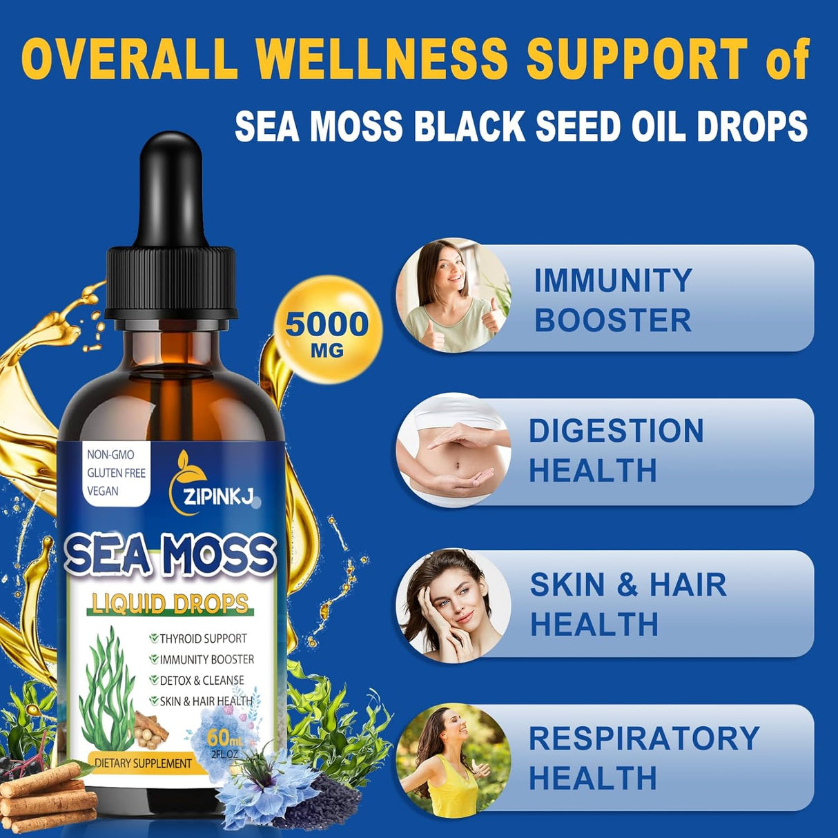 Sea Moss Drops, suplemento de gel líquido con aceite de semilla negra, 2 oz