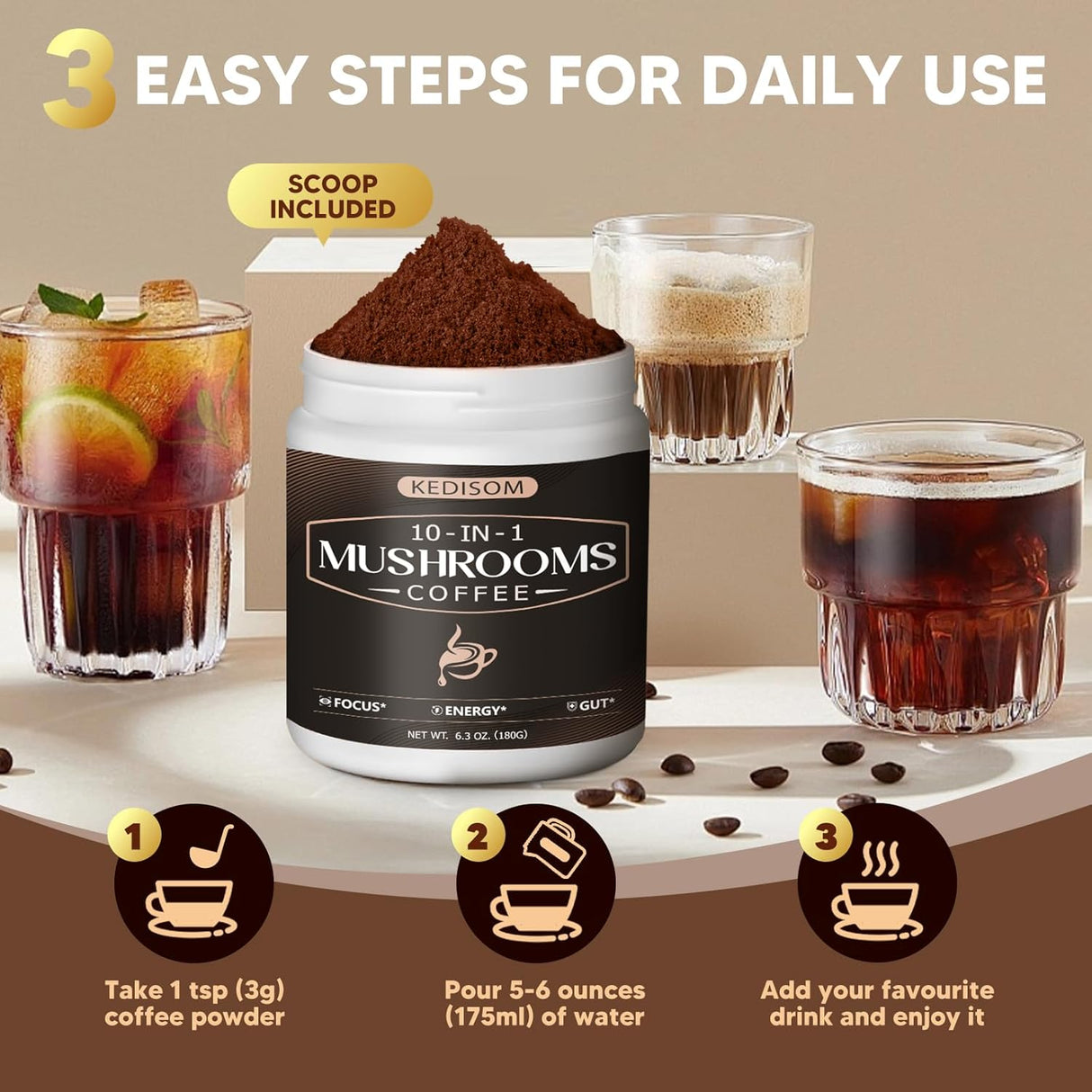Café Instantáneo de Setas 10 en 1, Energía y Enfoque, 180g