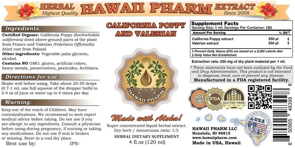 HawaiiPharm Extracto de Papoila y Valeriana Orgánico 4 oz