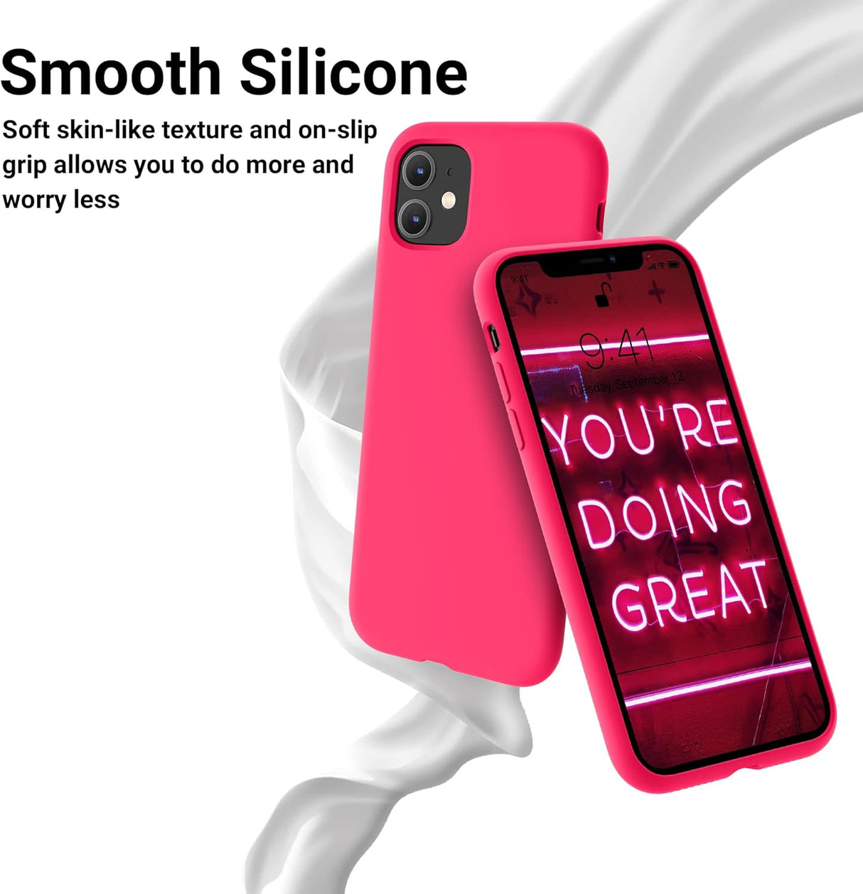 OTOFLY Funda de silicona suave diseñada para iPhone 11, [protección contra caídas de grado militar] [forro de microfibra antiarañazos] Funda protectora a prueba de golpes, funda delgada de 6.1 pulgadas, rosa neón