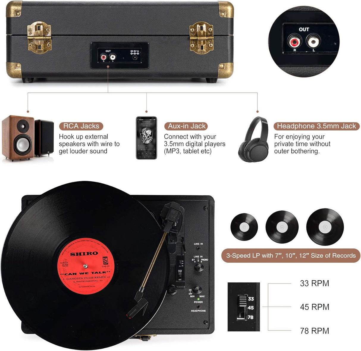 Reproductor de Vinilo Bluetooth Portátil con Altavoces Integrados