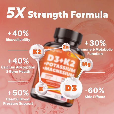 Suplemento de Vitamina D3 K2 10,000 IU con Magnesio y Potasio, 60 cápsulas