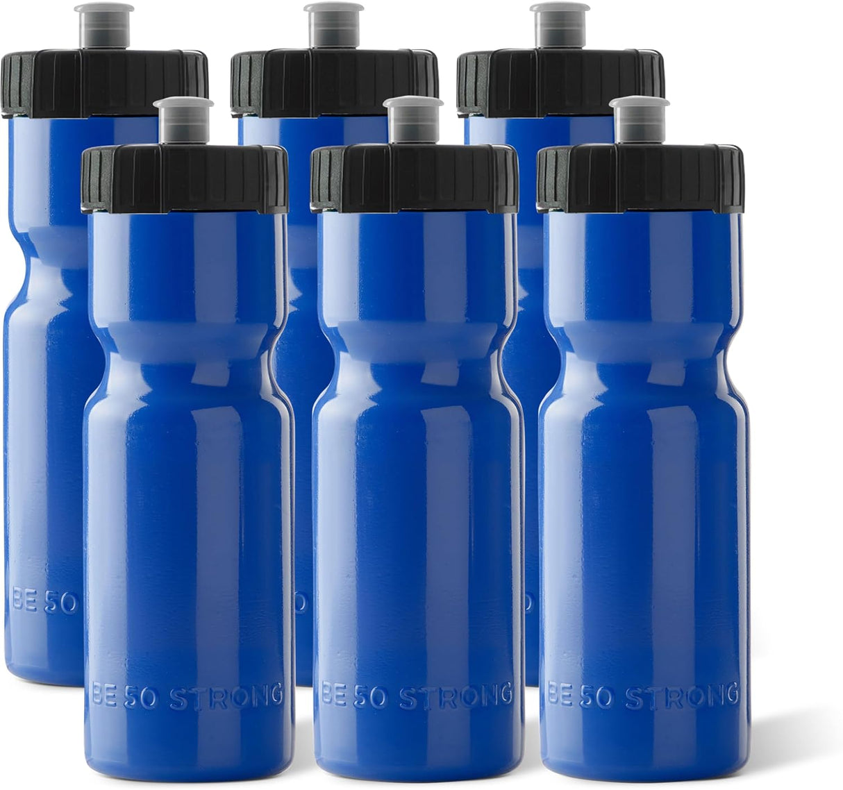 50 Strong - Paquete de 6 botellas de agua para deportes, 22 onzas Botella para bicicleta y deporte sin bisfenol A, con tapa fácil de abrir sin rosca, fabricada en Estados Unidos.