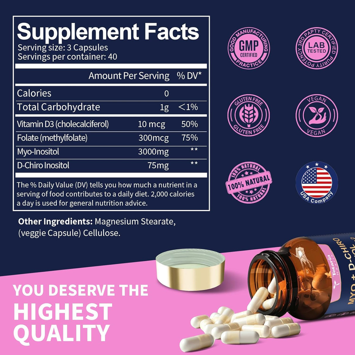 Suplemento de Inositol para Mujeres, 3000mg & 75mg, 120 Cápsulas