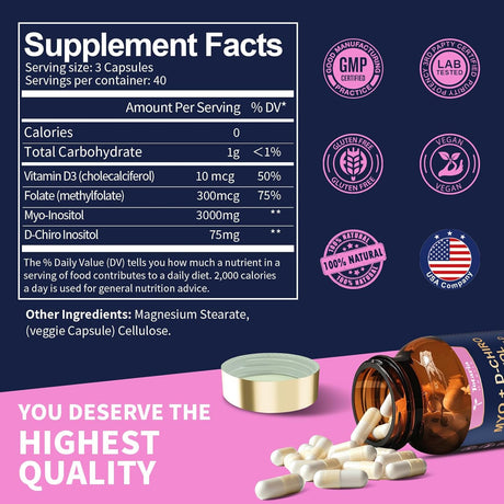 Suplemento de Inositol para Mujeres, 3000mg & 75mg, 120 Cápsulas